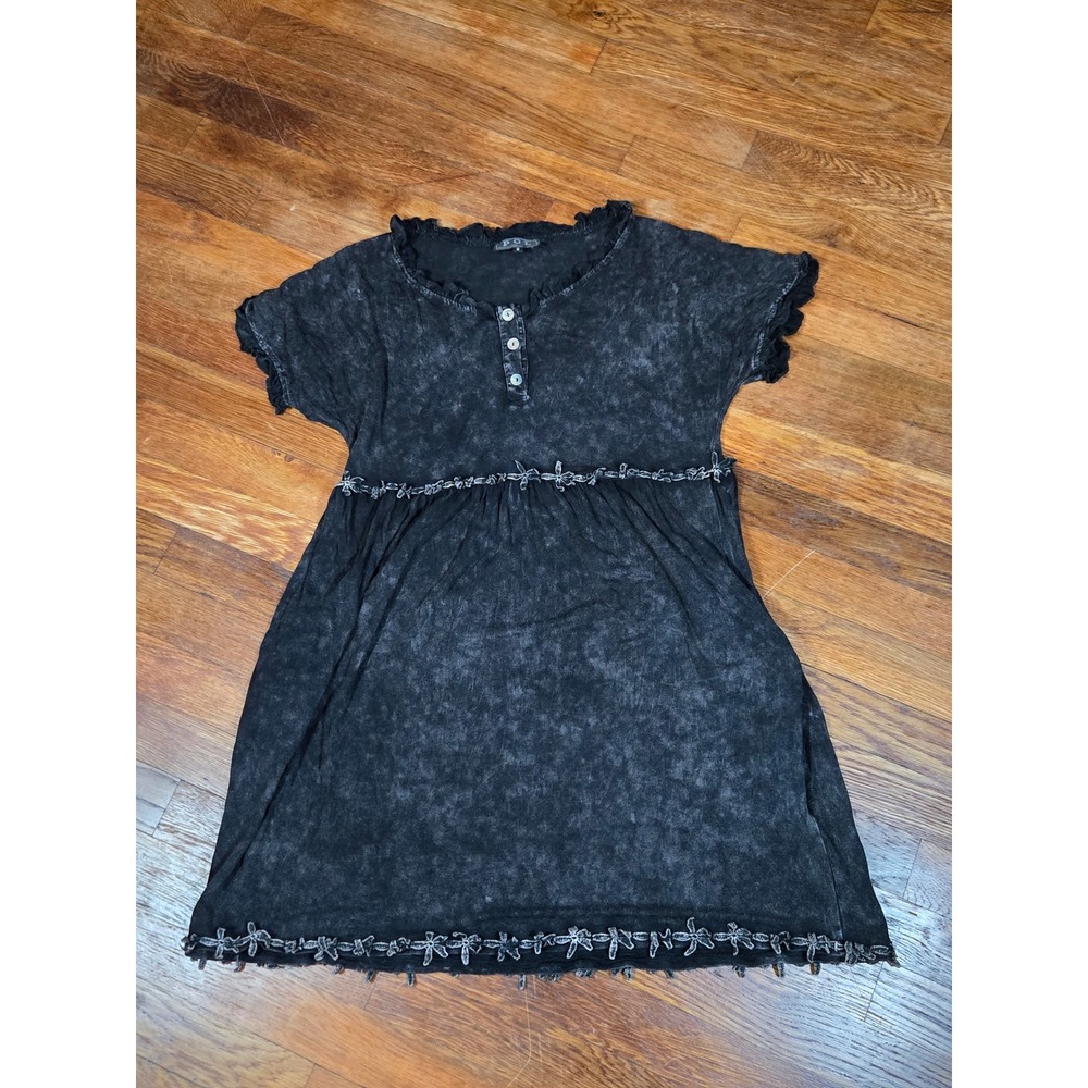 POL Acid Wash Babydoll Dress Charcoal Grey Embroidered Boho Mini Small